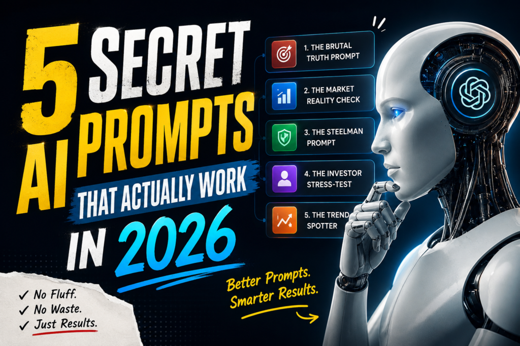 AI prompts blog thumbnail featuring a futuristic robot and five advanced prompts for ChatGPT, Claude, and Gemini to improve content creation, business planning, SEO writing, and productivity in 2026.