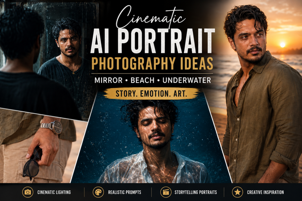 Cinematic mirror portrait of a man with vintage mirror" "Golden hour beach portrait created with AI" "Underwater cinematic portrait with white transparent shirt"